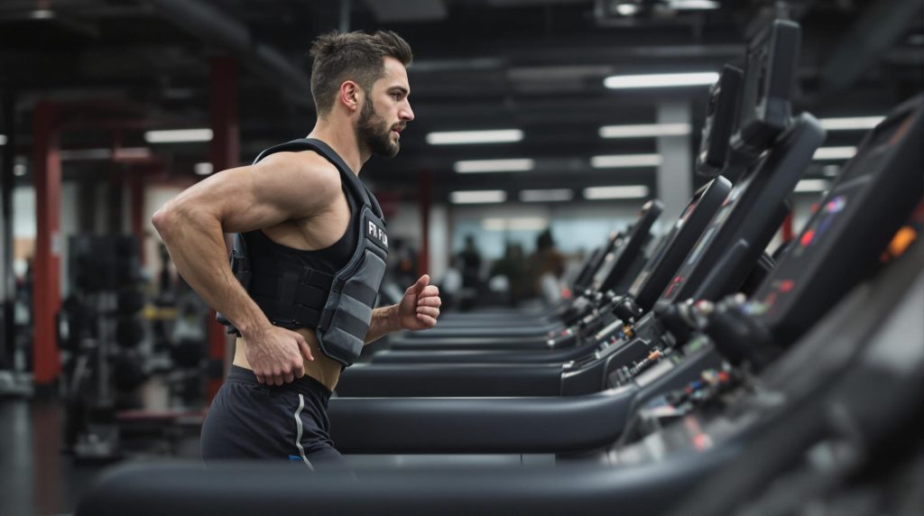 Man running on treadmill with weighted vest.